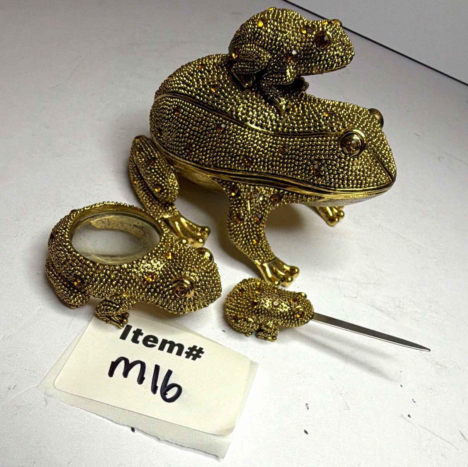 Vintage Bombay Company Brass Frog 3 Pc Desk Set Jeweled Trinket Box Letter Opene
