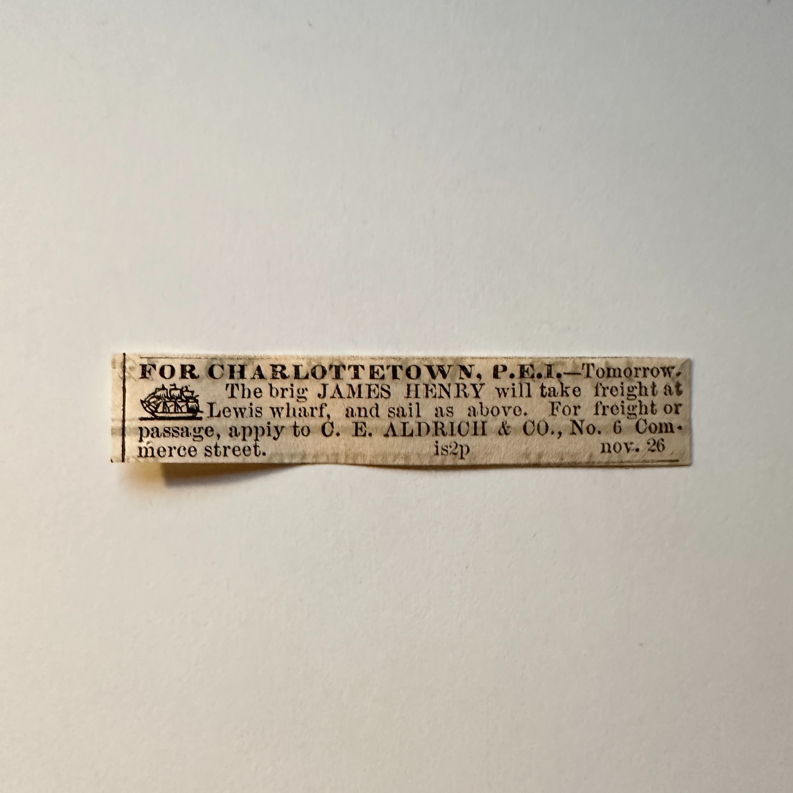 C. E. Aldrich & Co. For Charlottetown 1860 Boston Ad 5AK9-S52