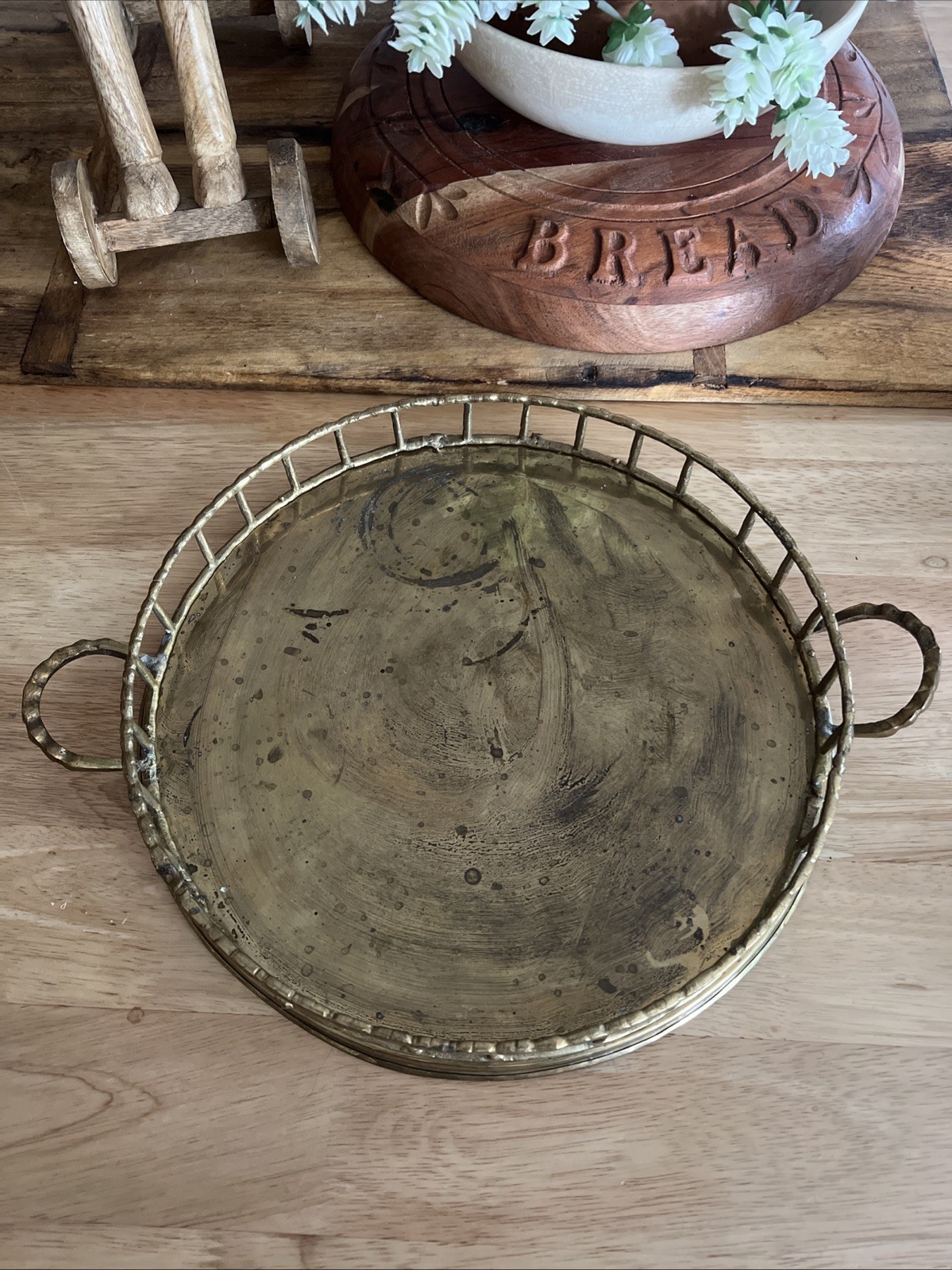Vintage Brass Faux Bamboo  Vanity Tray  Round with Handles MCM Regency 12\