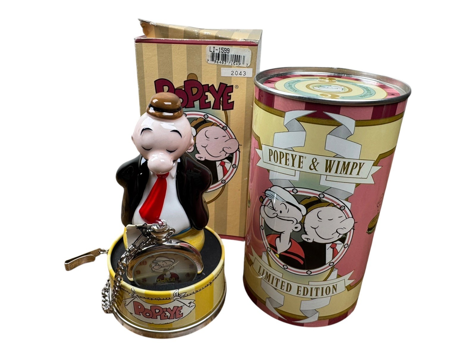 RARE LI1599 Fossil 1997 Popeye Pocket Watch & Wimpy Glass Figure (2,043/15,000)