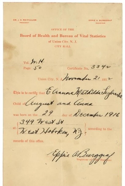 1932 Birth Certificate Duplicate West Hoboken NJ Union City Segbrecht 1916 Vtg