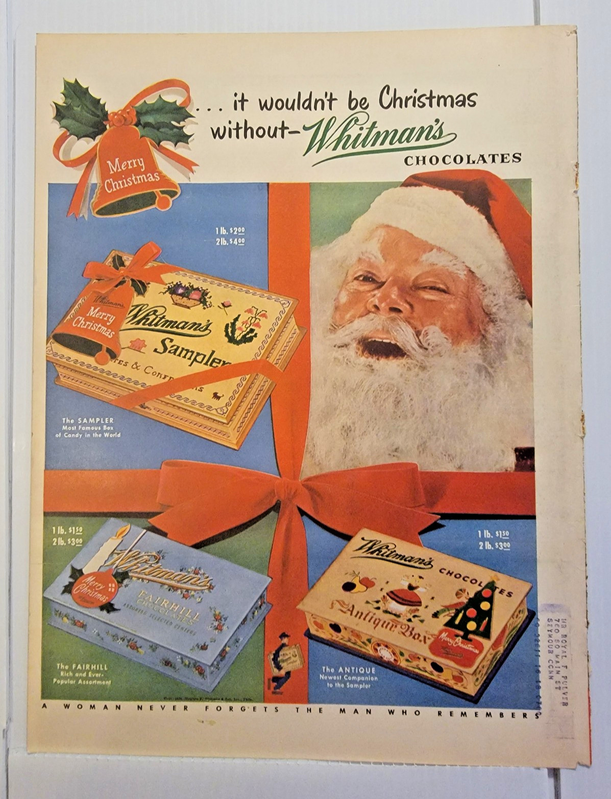 Vintage 1948 Whitman\'s Chocolates Santa Claus Christmas 11x14 ad