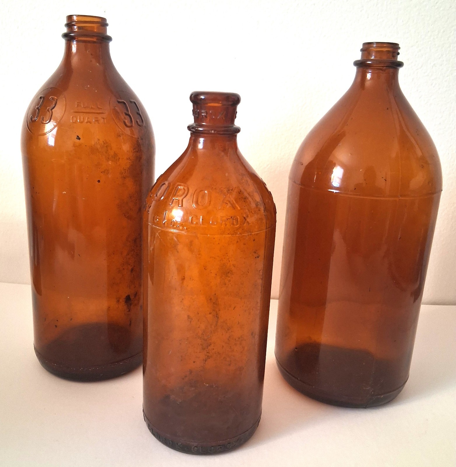 Antique 1940s/1950s Brown Glass Clorox Bottles Set of 3 2Qrt/1 16oz.