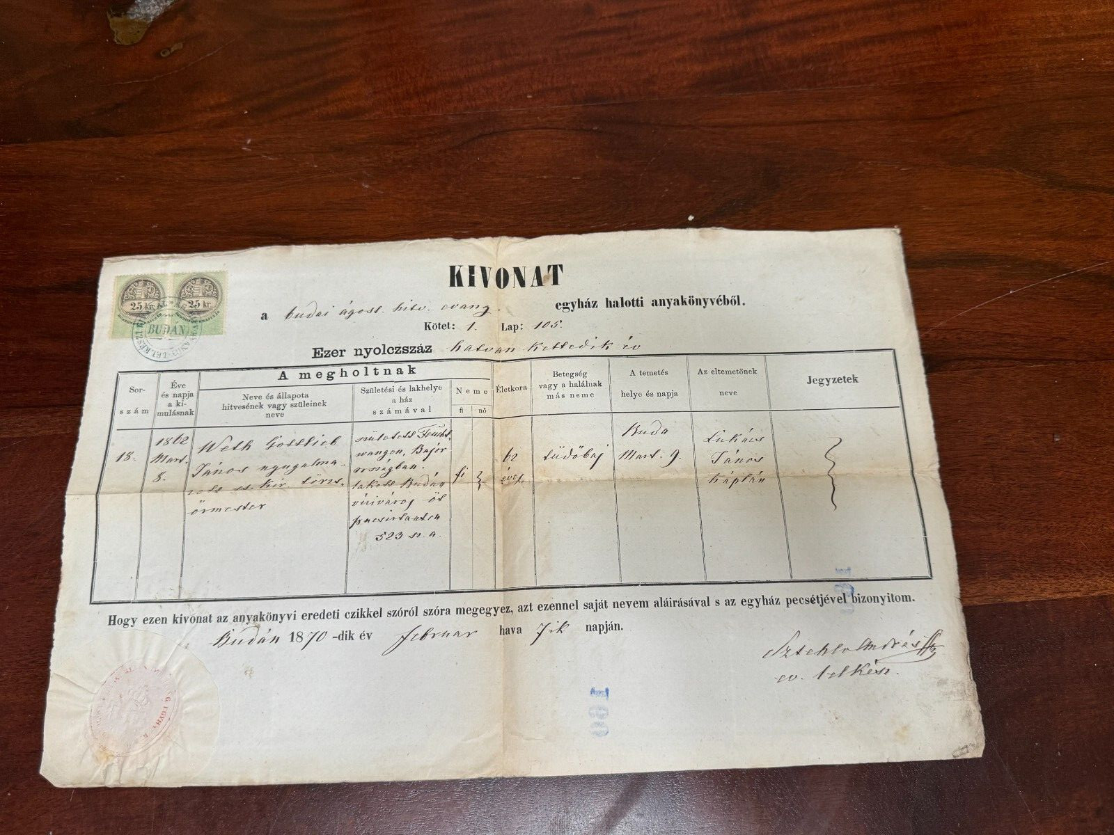 VINTAGE HUNGARIAN 1870 CHURCH DEATH CERTIFICATE W/ STAMPS- EPHEMRA
