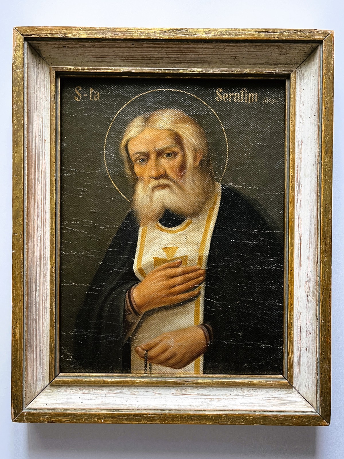 Tsarist Russia. Antique Russian icon of Saint Seraphim of Sarov, 19th century