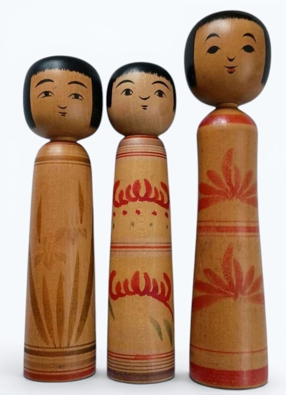 Vintage Tsugaru Kokeshi Doll Set Kensan Hasegawa Japanese Wooden Folk Art 3pcs