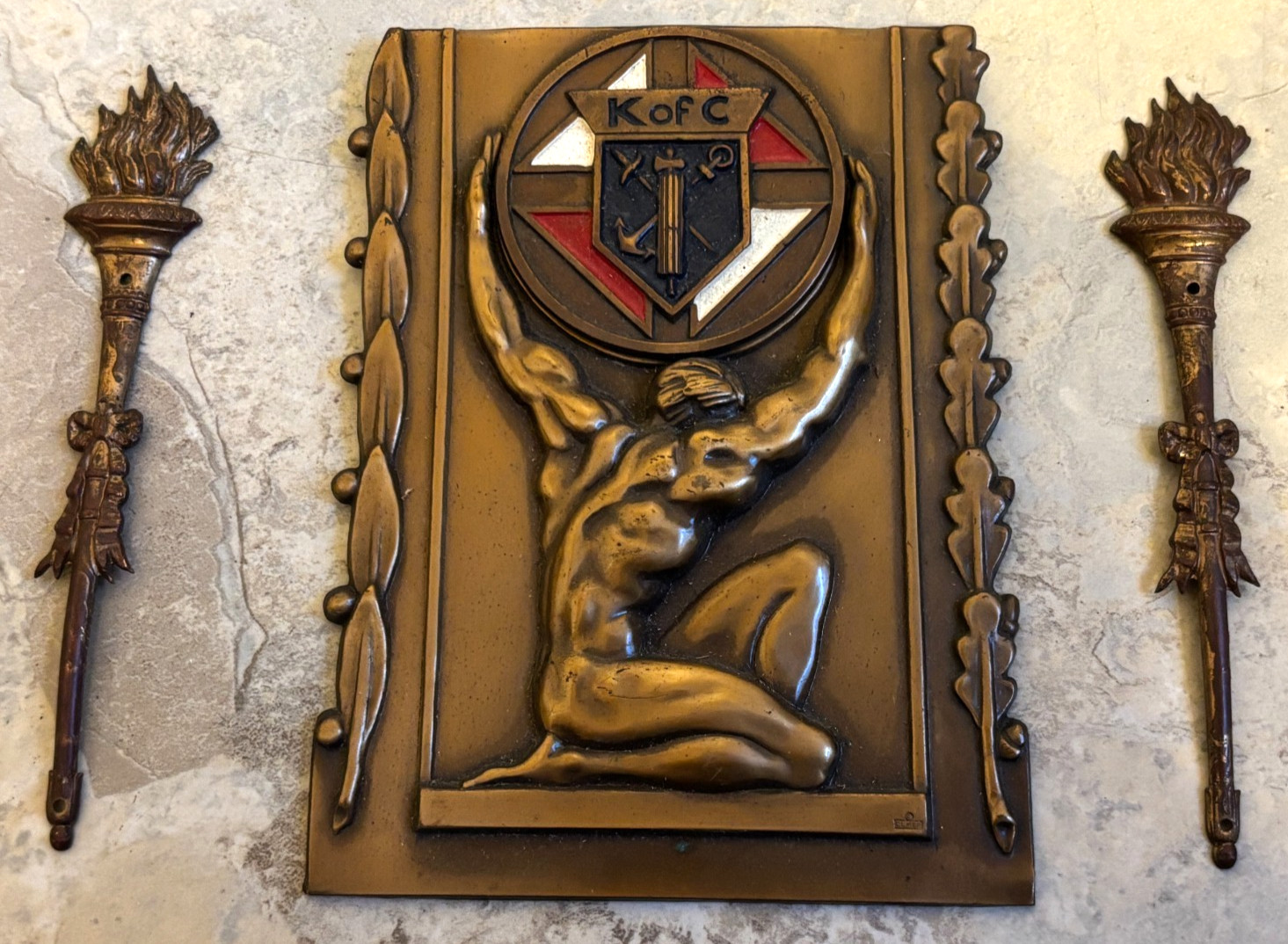 Vintage Knights of Columbus Wall Plaque Fixtures Brass Bronze Art Deco Atlas 4x5