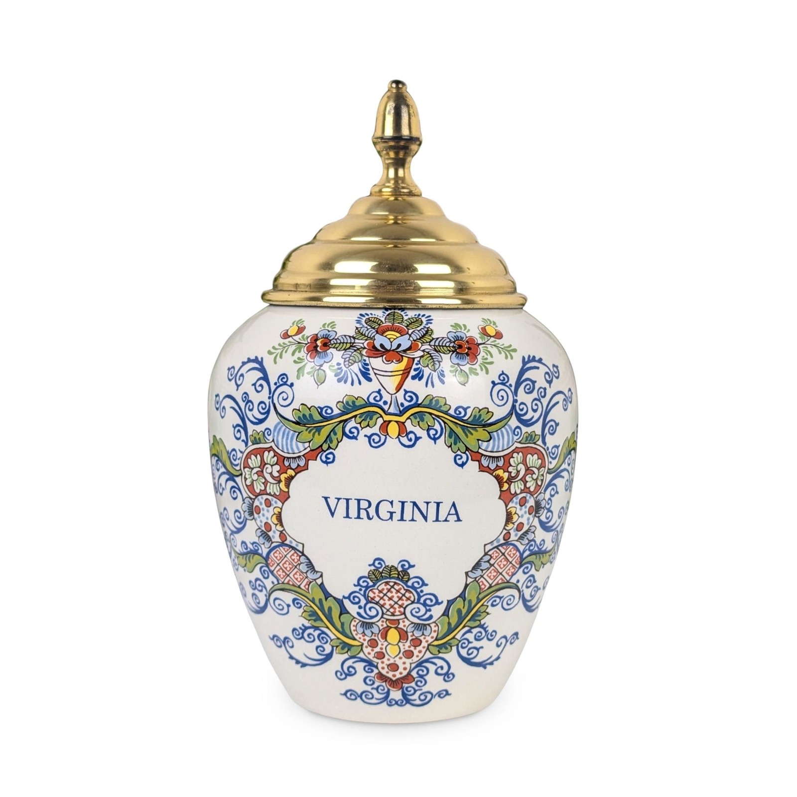 Royal Goedewaagen Delft Williamsburg VA Polychrome Tobacco Jar w/ Brass Lid