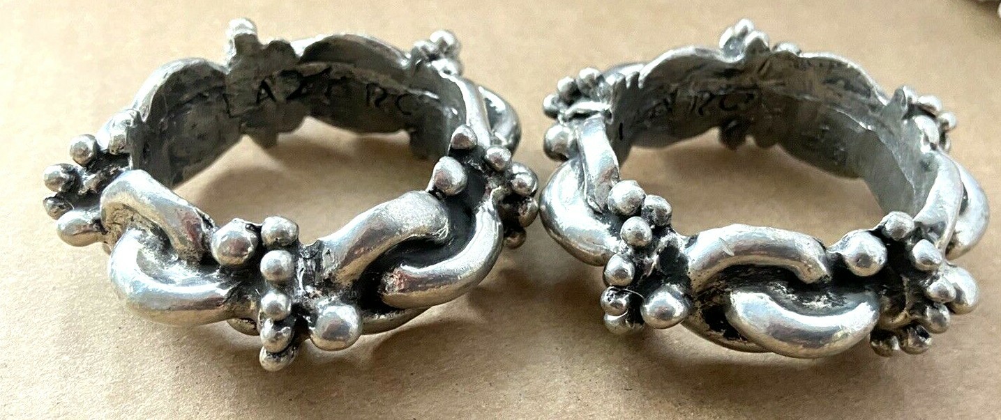 2 Vintage Signed LAZARO NY Pewter NAPKIN RINGS Ball & Chain Link Design