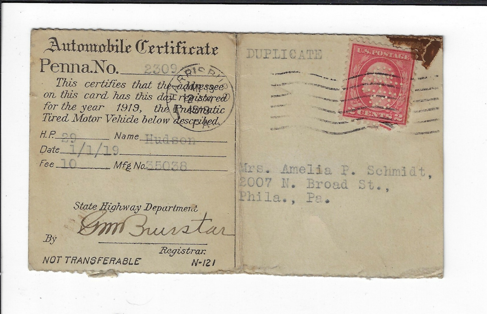 PENNSYLNANIA 1919 Duplicate Automobile Certificate Amelia Schmidt Philadelphia