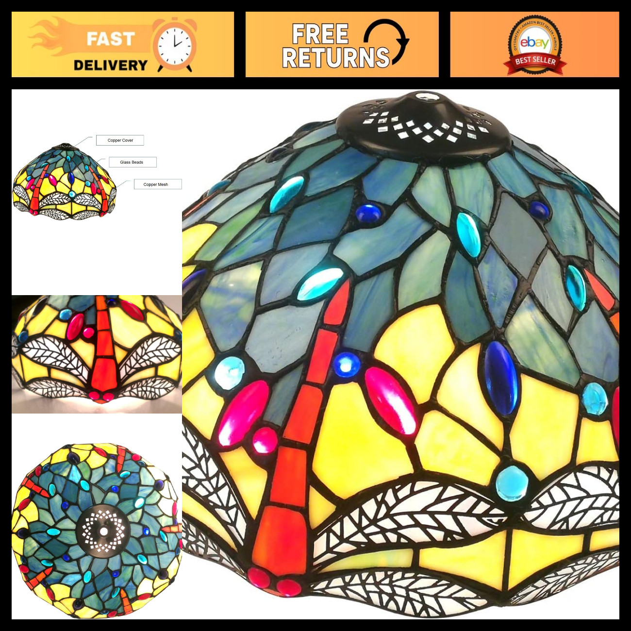Upgraded Tiffany Style Stained Glass Dragonfly Replacement Lamp shades Only, NA1