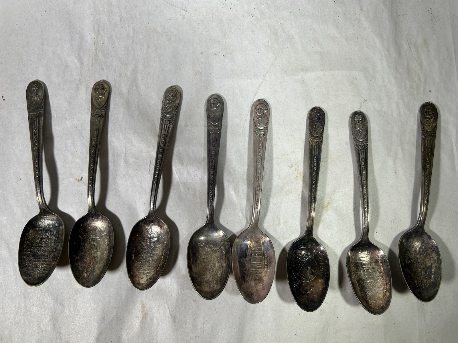 VTG Silver Plate 8 President Spoon Set Engraved Embossed Lincoln Washington