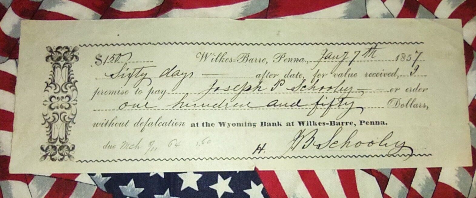 RARE 1857 WILKES-BARRE PENNSYLVANIA WYOMING BANK DOCUMENT.  SIG JOSEPH P SCHOOLY
