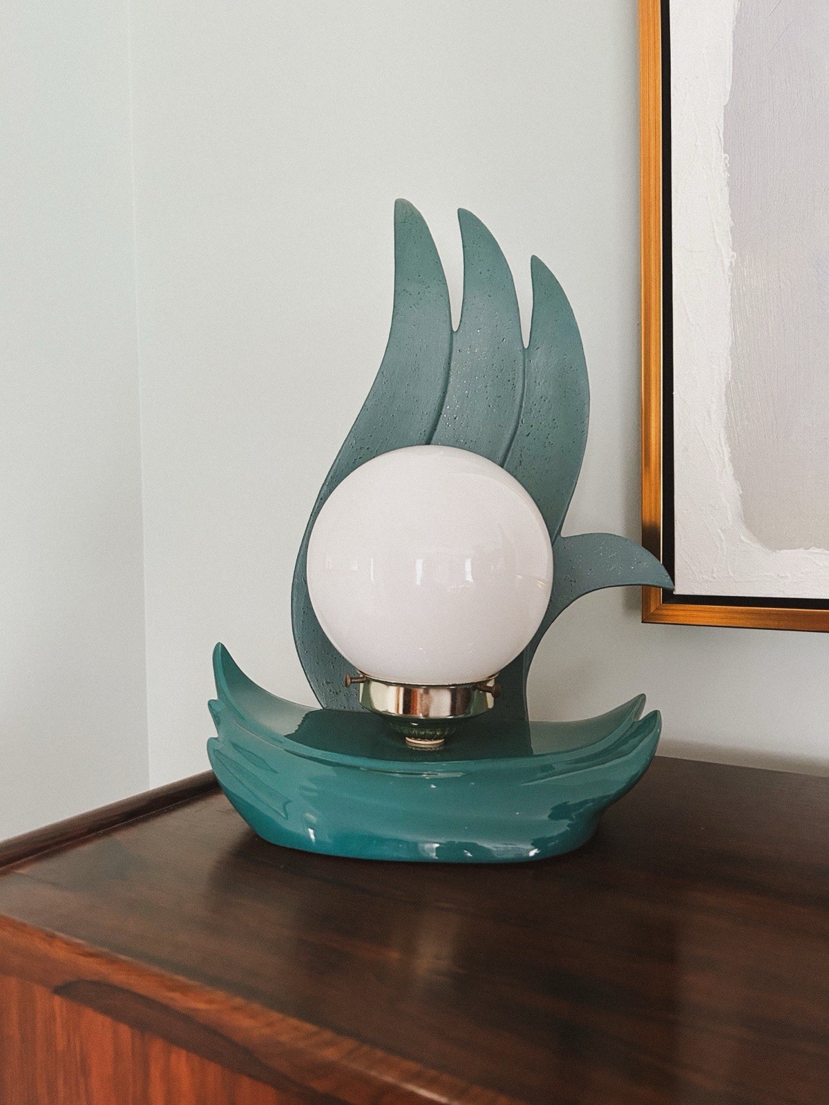Rare Vintage Teal Art Deco Style Flame Lamp With Globe