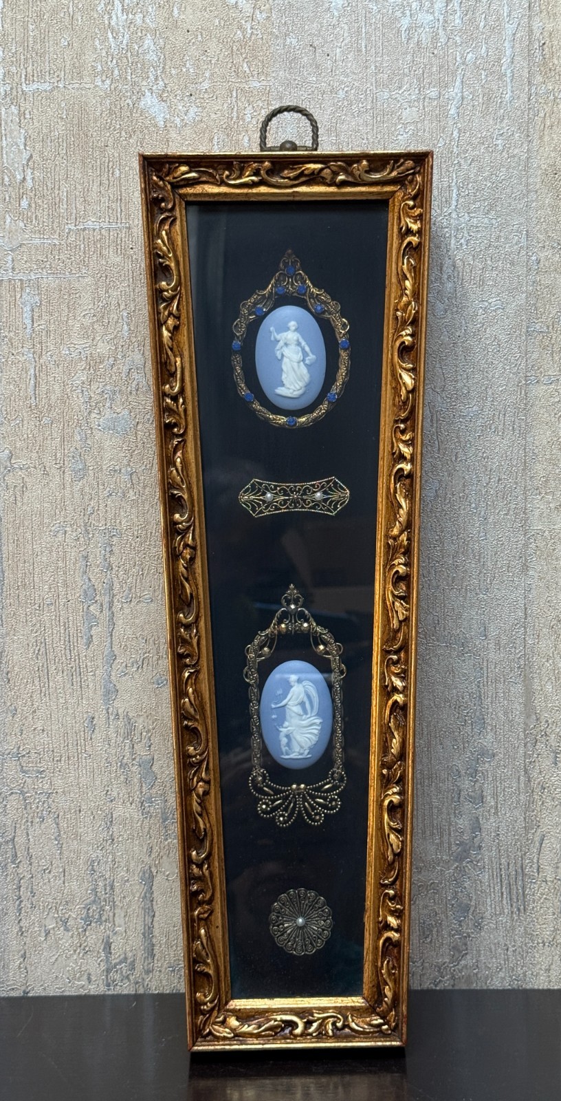 Vintage Hollywood Regency Framed Wedgwood Style Blue Jasperware Cameo Plaque 16\