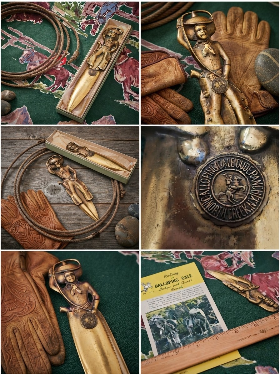 Vtg40s Solid Brass Cowboy Letter Opener Galloping Gale Dude Ranch North Creek NY