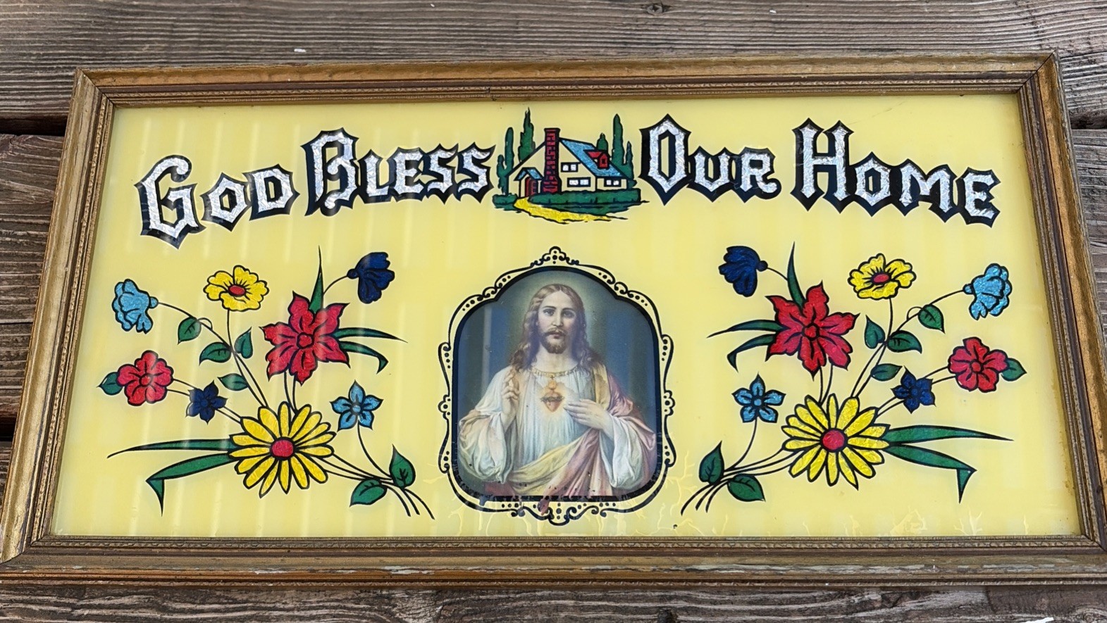Antique Vintage Art Deco Foil God Bless Our Home Reverse Painted Framed 17” Wide
