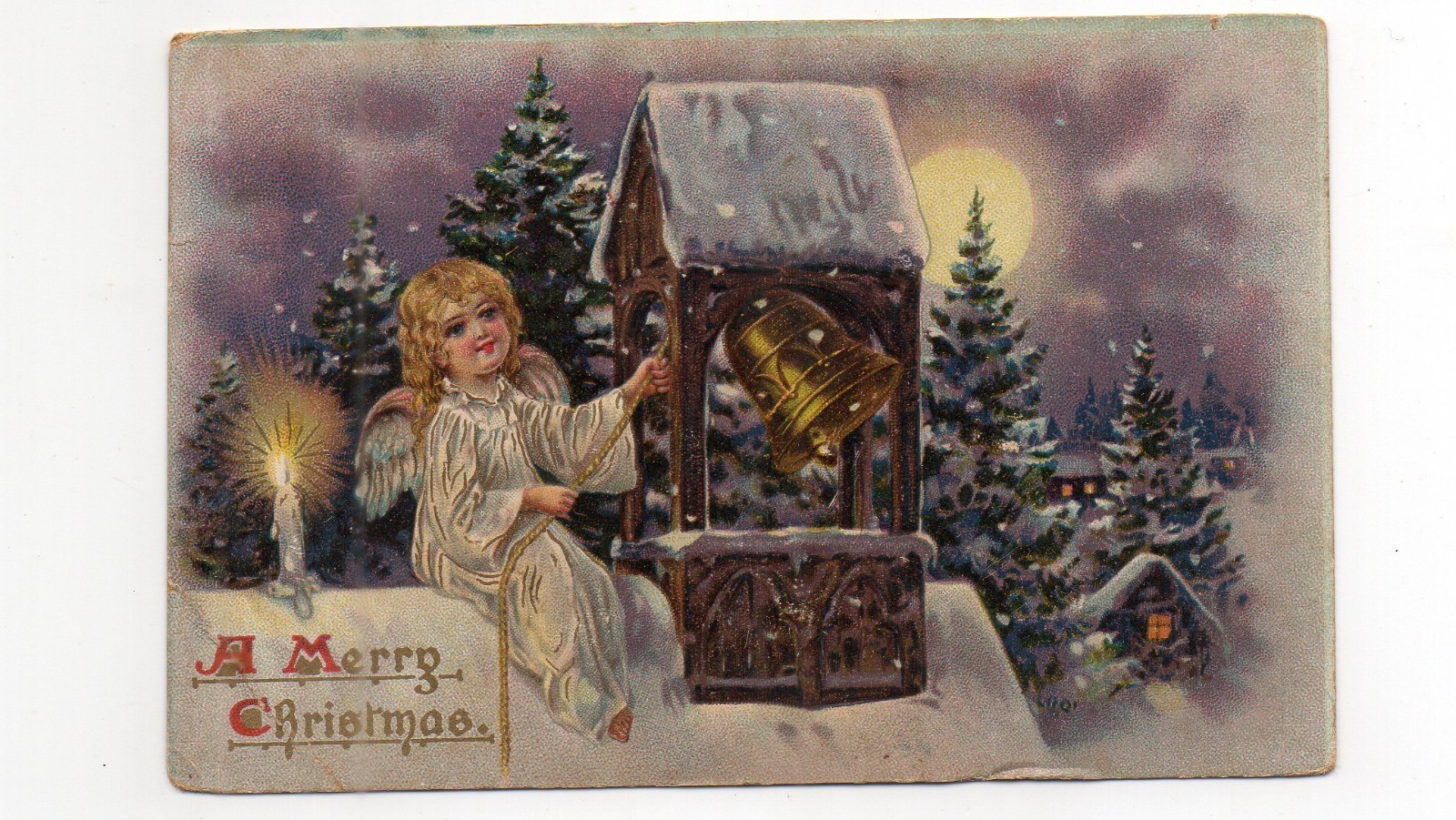 A Merry Christmas Tucks Postcard, Angel, Bell Night Snow, Washington MI 1908 