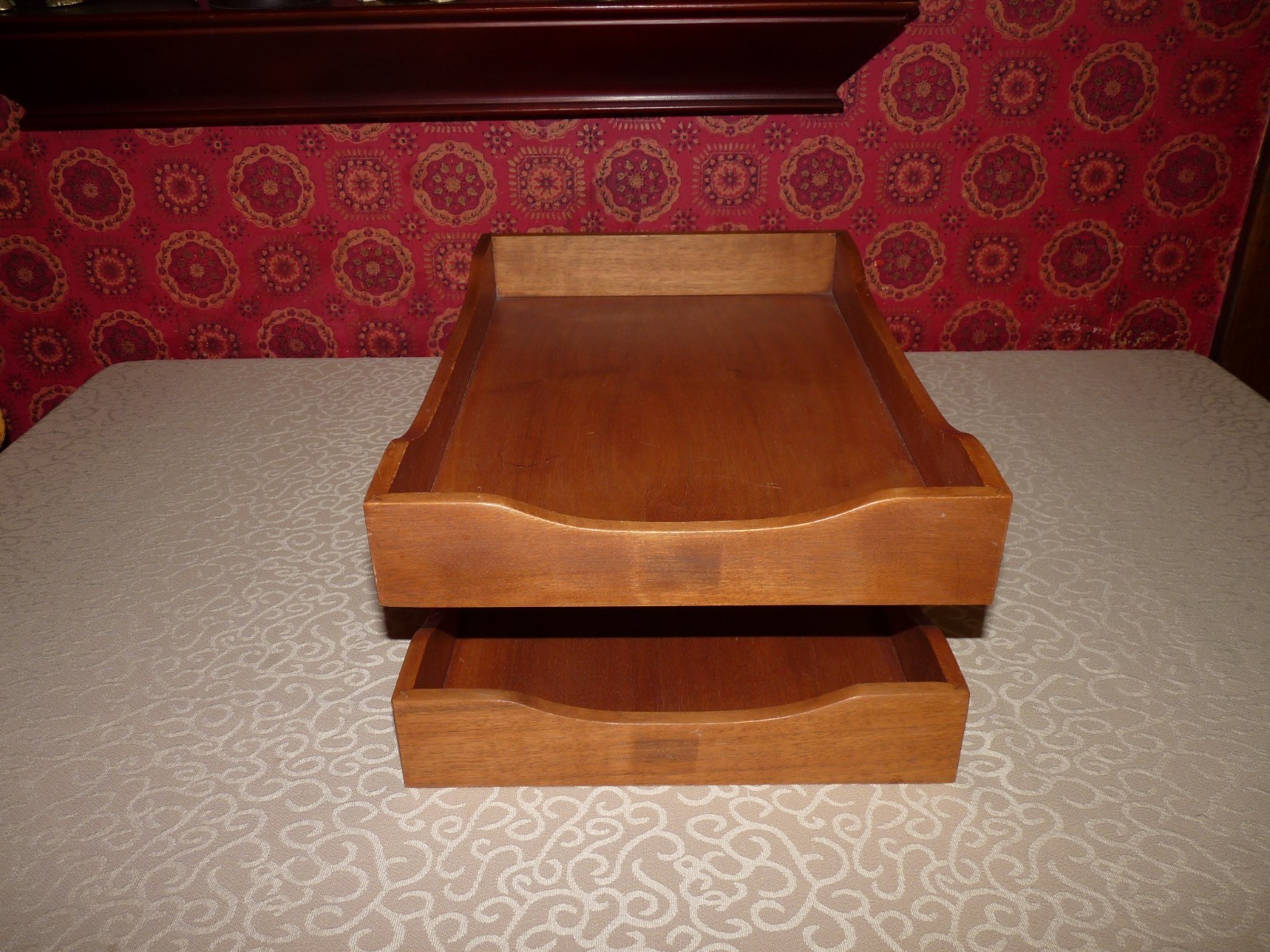 VINTAGE NUCRAFT WALNUT WOOD 2-TIER LEGAL-SIZED PAPER TRAYS