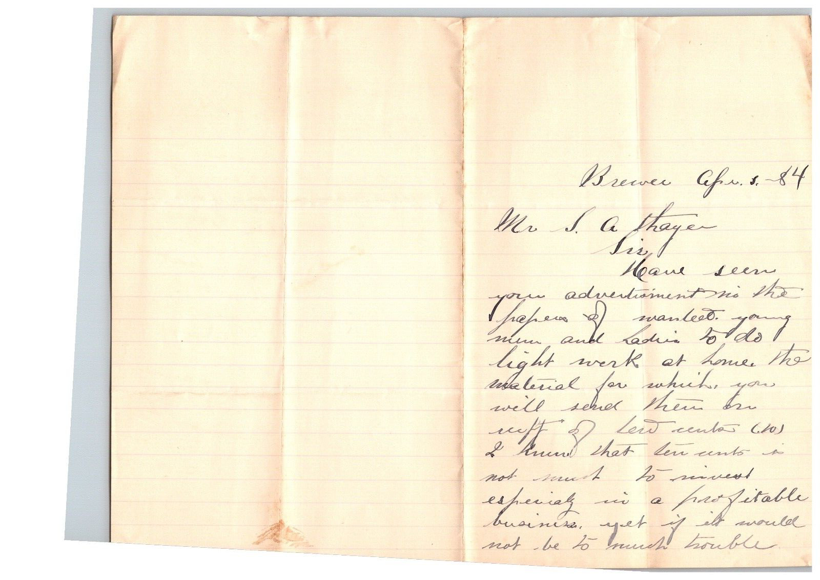 1884 Handwritten Letter Mllie W Wescott Brewer Maine ME Thayer Ephemera History
