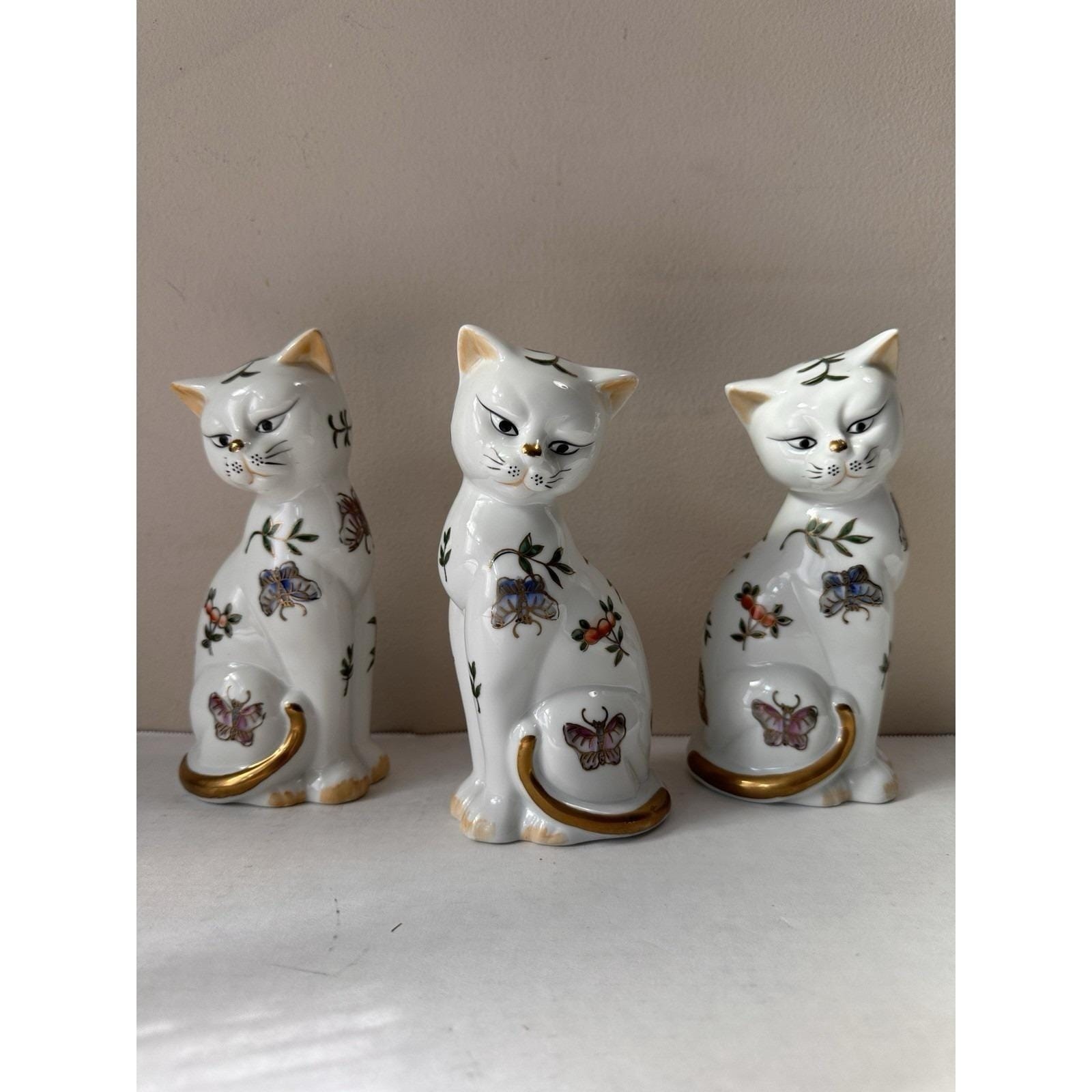 Vintage Andrea by Sadek Porcelain Imari Cat Figurines Butterflies Gold Lot of 3