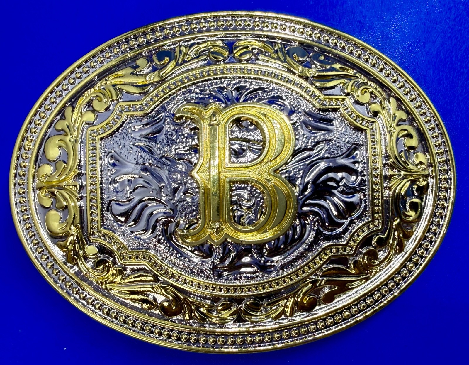 Initial Block Letter B Floral Swirl Ornate Western Two Tone Large Belt Buckle