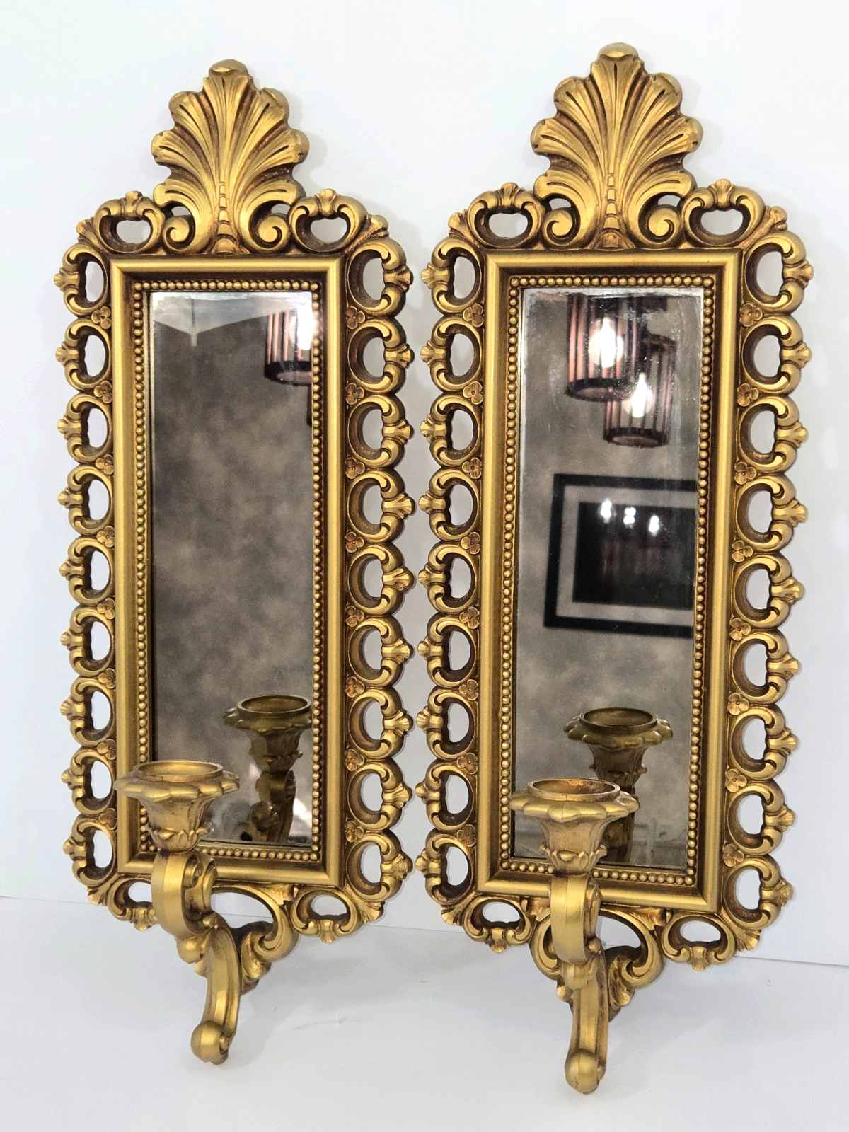 Vintage 1972 HomCo Dark Mirrored Candle Wall Sconces (2) Hollywood Regency Gold