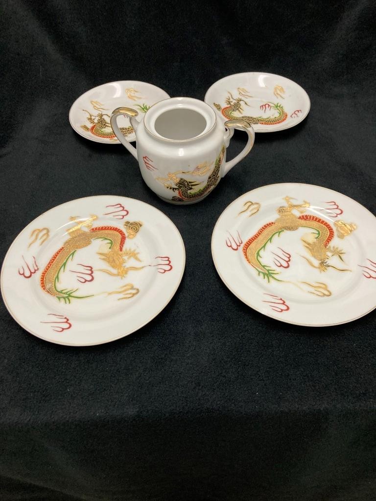 💥Vtg Japanese Kutani-Style Moriage Dragon Saucers Desert Plates Sugar Bowl 5Pcs