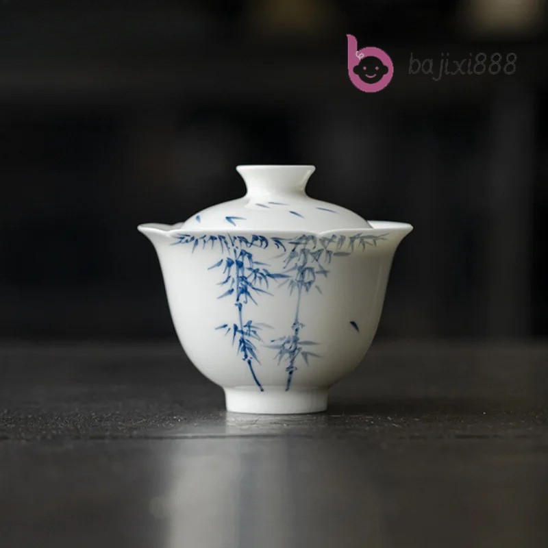120ml Ceramic Handpainted Bamboo Flower Mouth Gaiwan Tea Tureen Kungfu Teaware