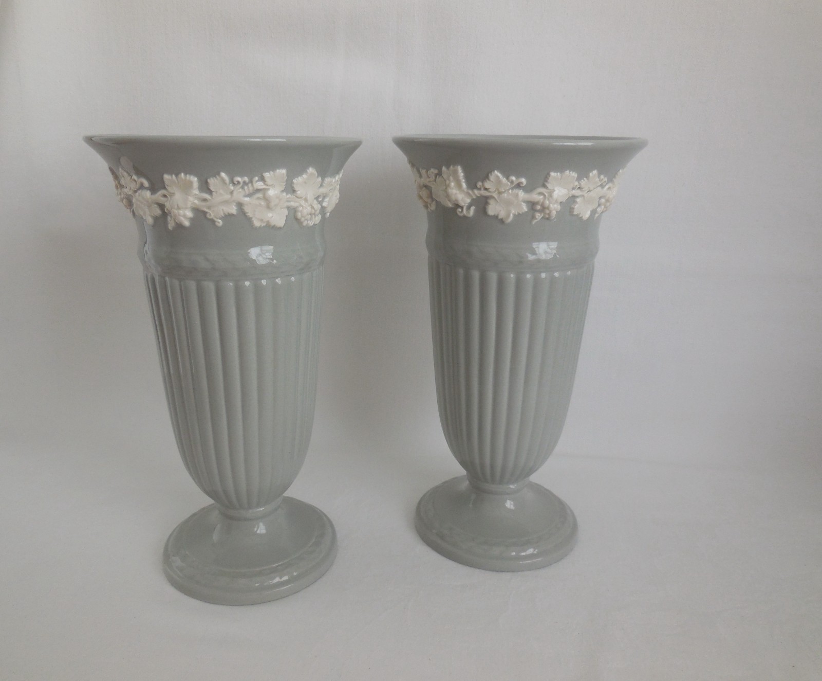Rare Pair 1955 Wedgwood Gray Grey Embossed Queens Ware Vases