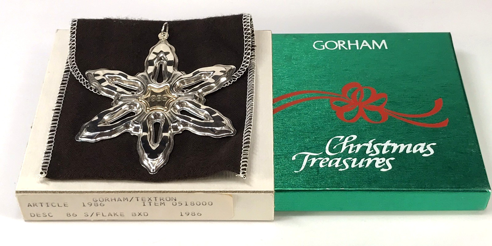1986 GORHAM STERLING SILVER SNOWFLAKE ORNAMENT GOLD ACCENT 17TH BOX w/SLEEVE 18G