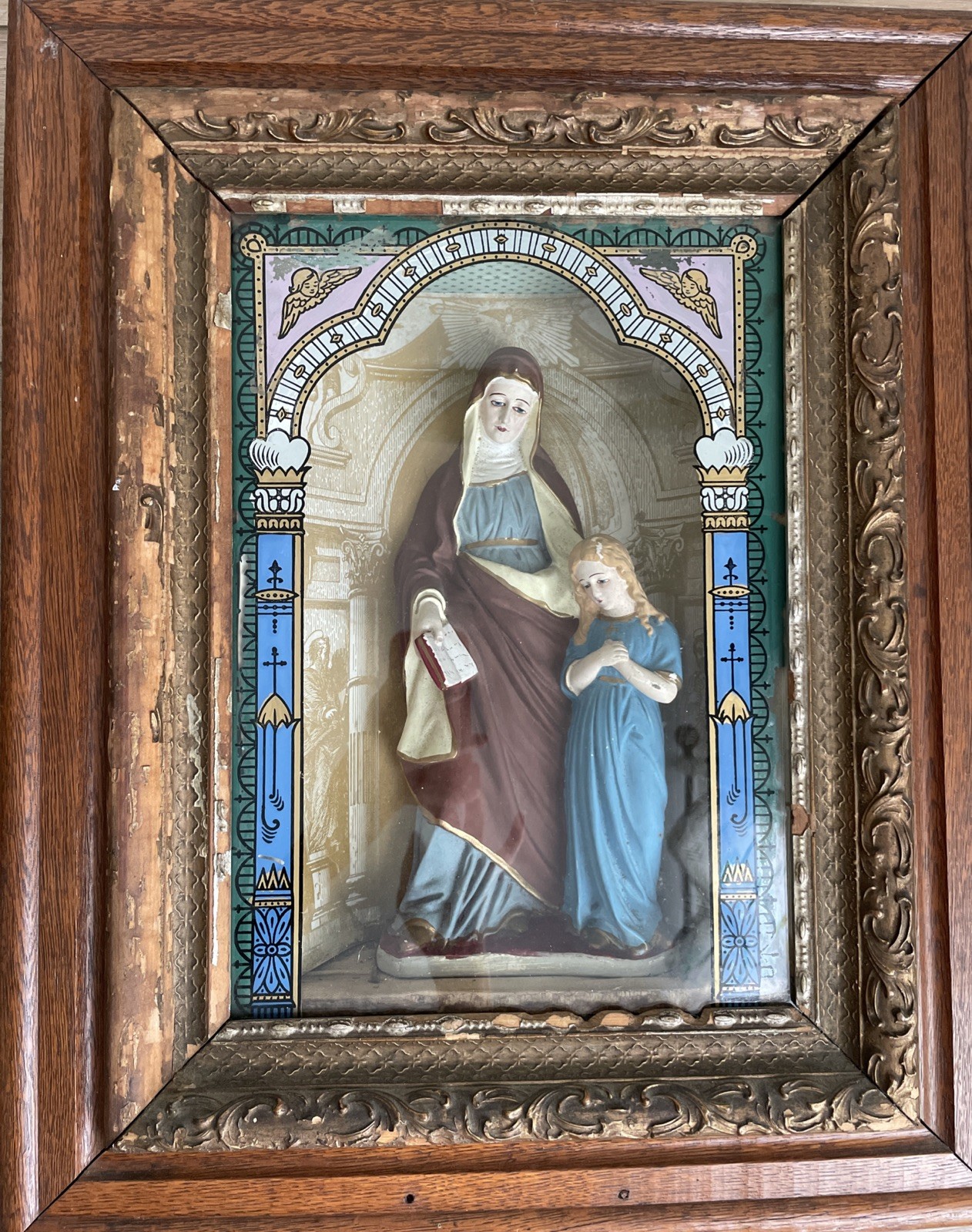 Antique Catholic Religious Saint Anne Teaching Mary Shadow Box Sculpture Relief