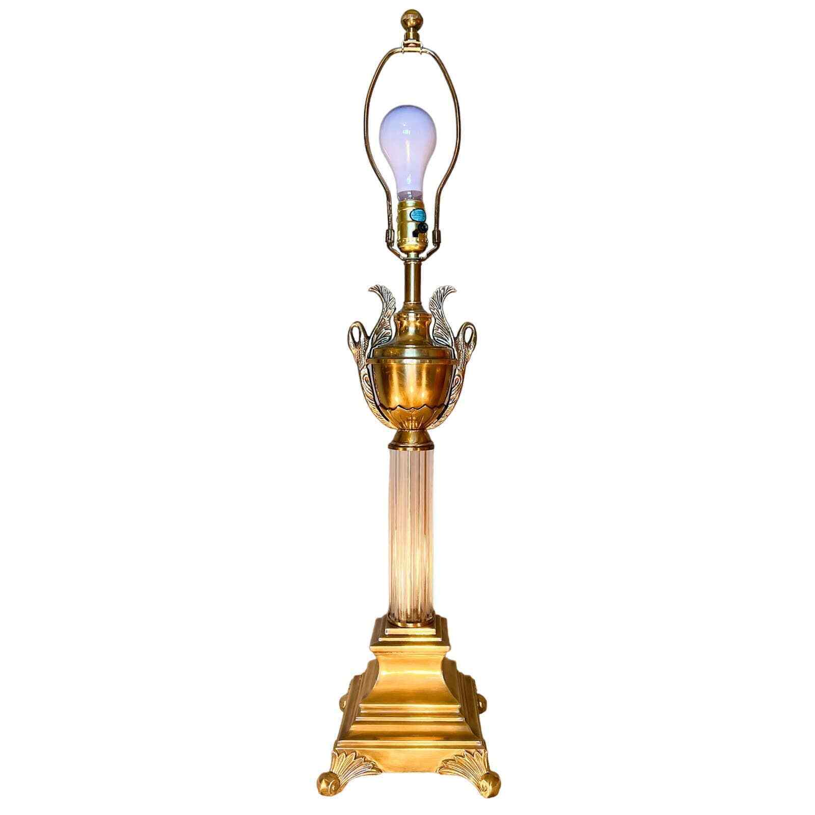 LARGE vintage column brass glass Neoclassical table lamp