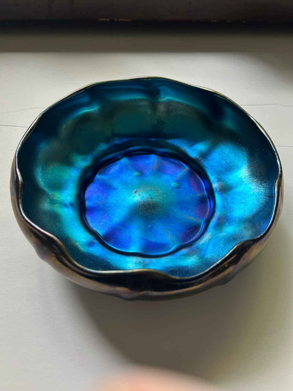 L.C. Tiffany Blue Favrile Ribbed Ruffled Bowl, Signed, 