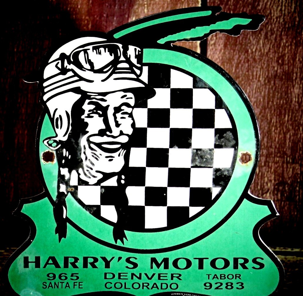 HARRY'S MOTORS CHECKERED FLAG PORCELAIN COLLECTIBLE, RUSTIC, ADVERTISING 