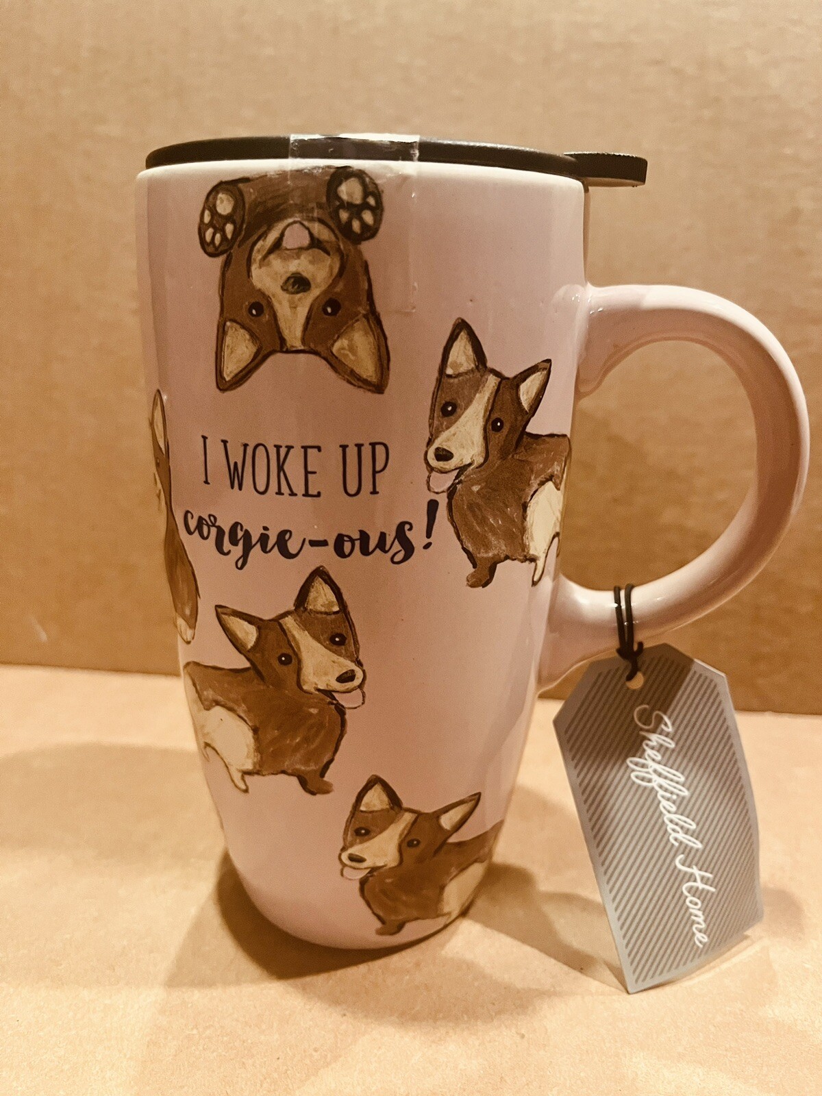 Tall Pink Ceramic Mug Corgi Dog - I Woke Up Corgie-ous Lid  Sheffield Home