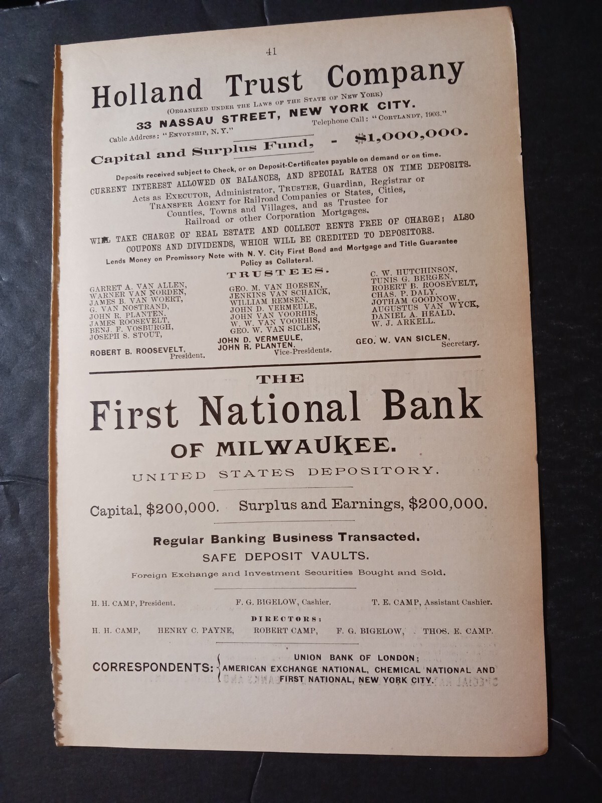 1891 print ad FIRST NATIONAL BANK OF MILWAUKEE ~H.H. Camp President 200k capitol