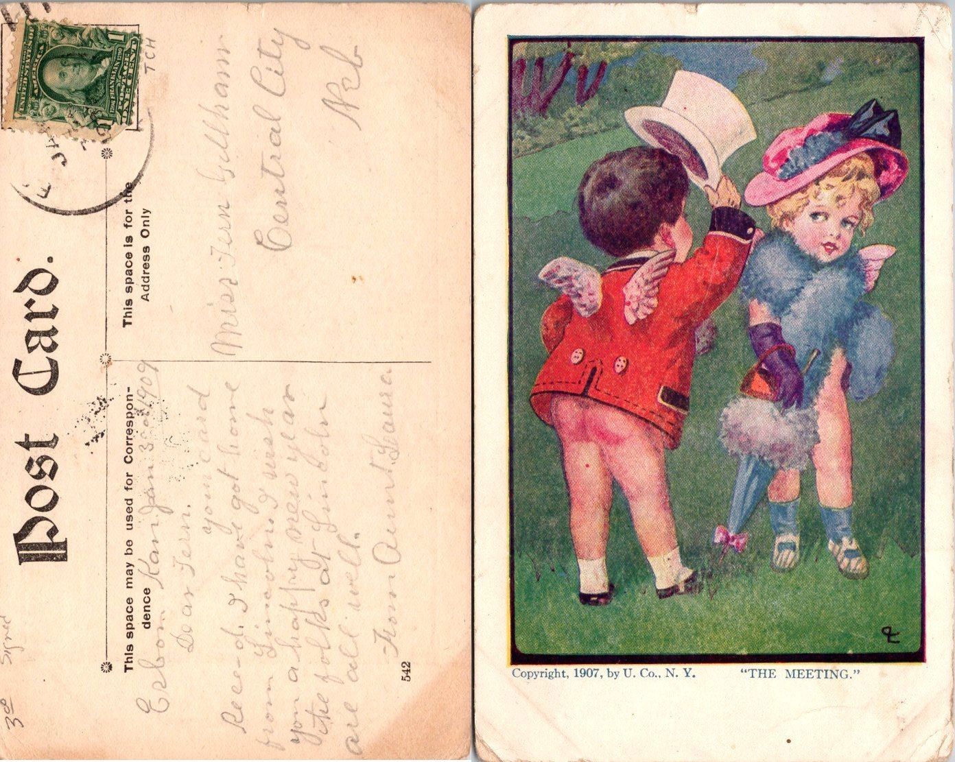 Vintage 1907 The Meeting Postcard U Co NY Valentine Cherub Children Antique