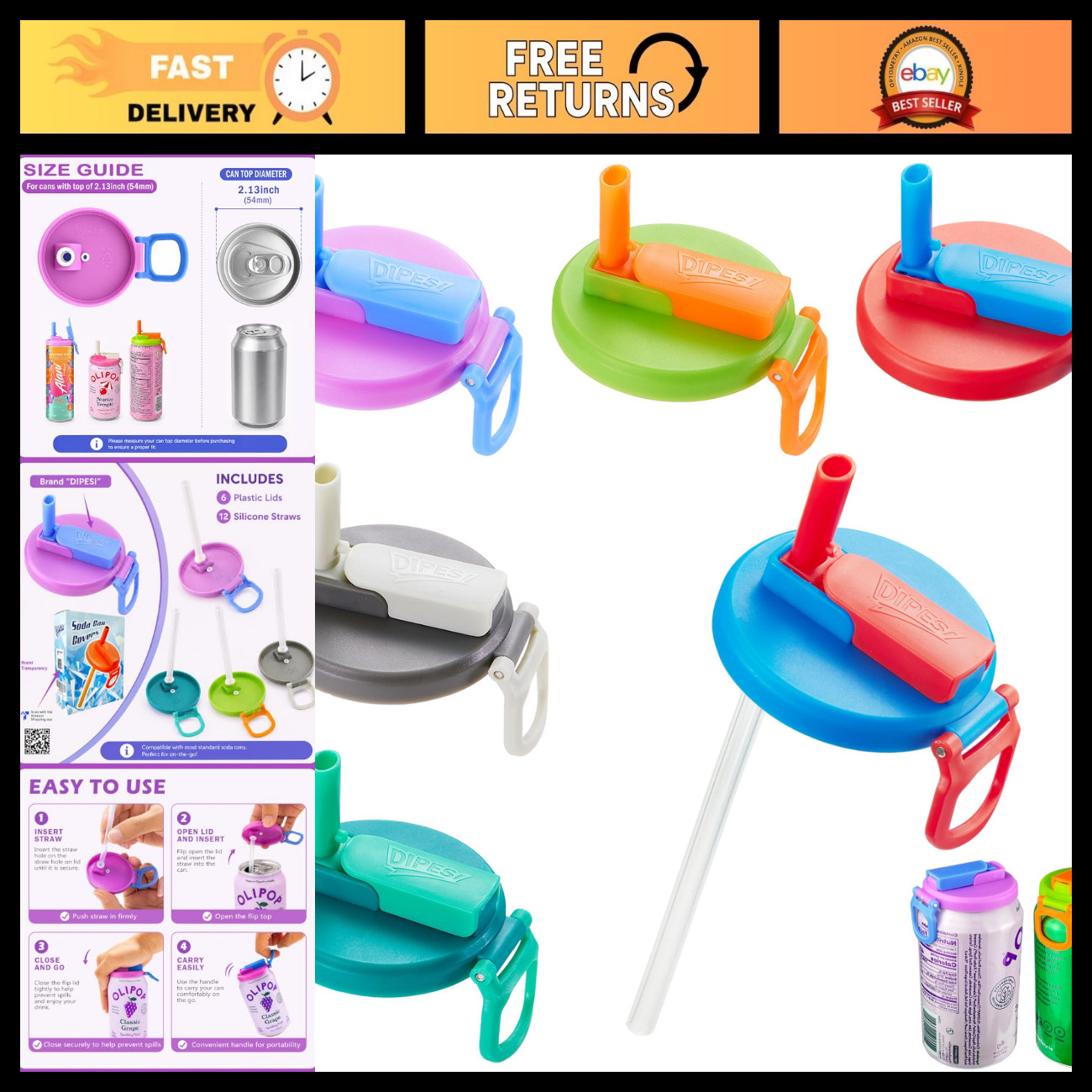 6 Pack Soda Can Lids with Straws - Reusable Silicone Covers, BPA-Free, Spill-Pro