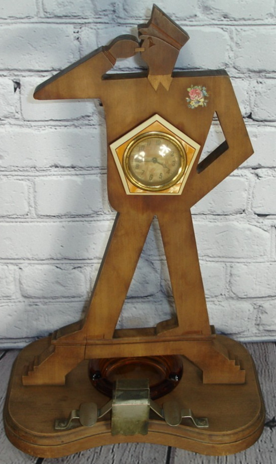 antique 1930\'s wood folk Art Deco CLOCK WHISTLE COP w old ashtray WORKS