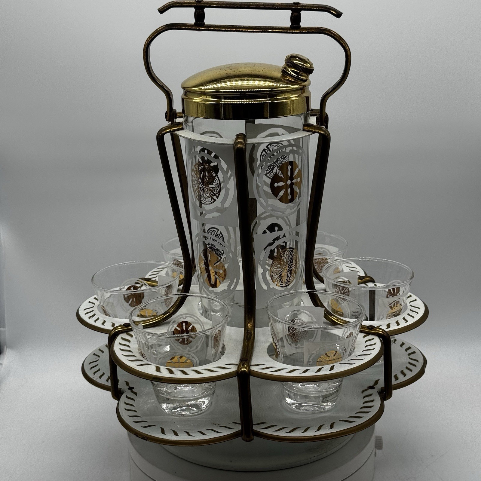 Bar Barware Set Glass w/ Metal Carousel Gold White MCM Vtg 6 Glasses