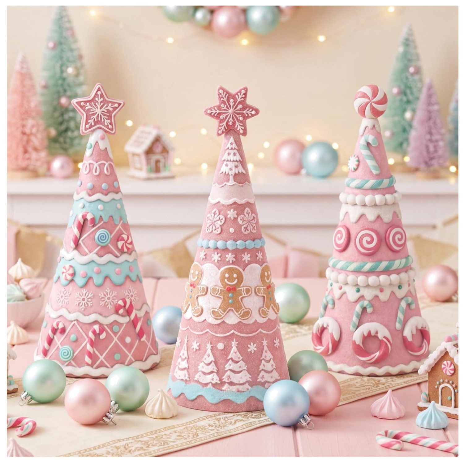 3 Pcs Pink Gingerbread Christmas Tree Figurines Pastel Table Decor | Resin Ch...
