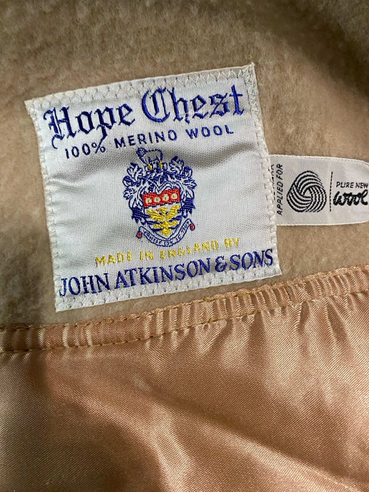 Vintage John Atkinson & Sons Hope Chest Merino Wool Blanket 88x65”Camel England