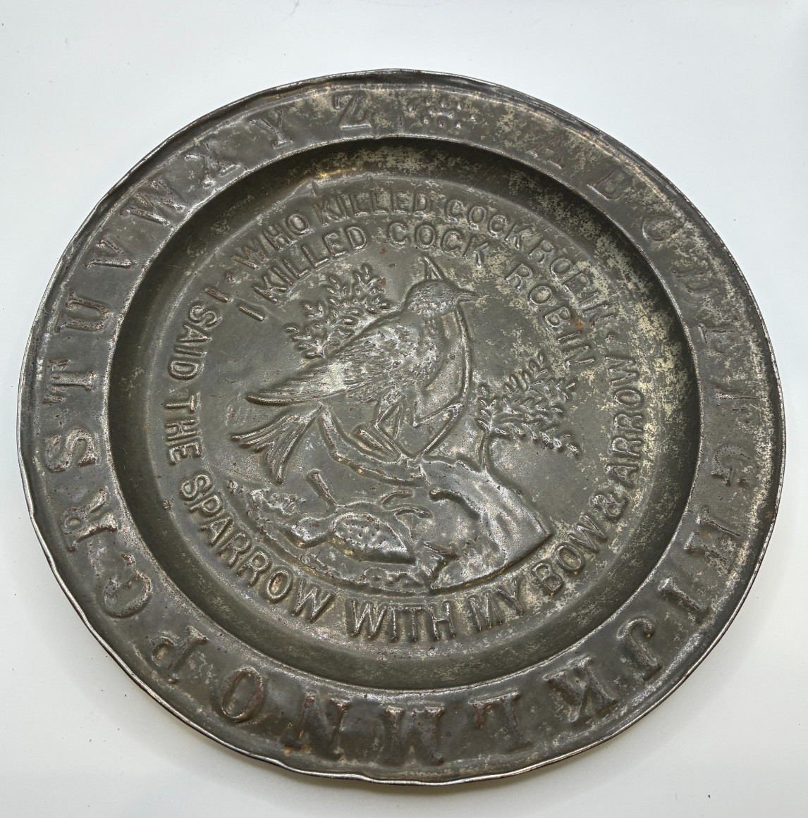 Antique ABC Tin Plate Who Killed Cock Robin Sparrow Nursery Rhyme Child 7.75\