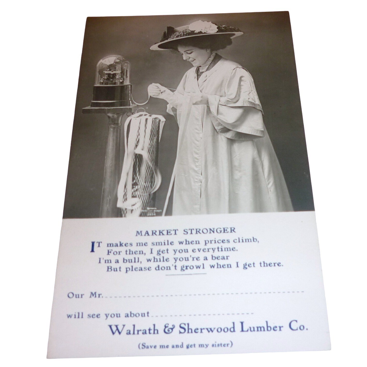 Vintage Walrath & Sherwood Lumber Co Postcard Market Stronger Stock Ticker Woman