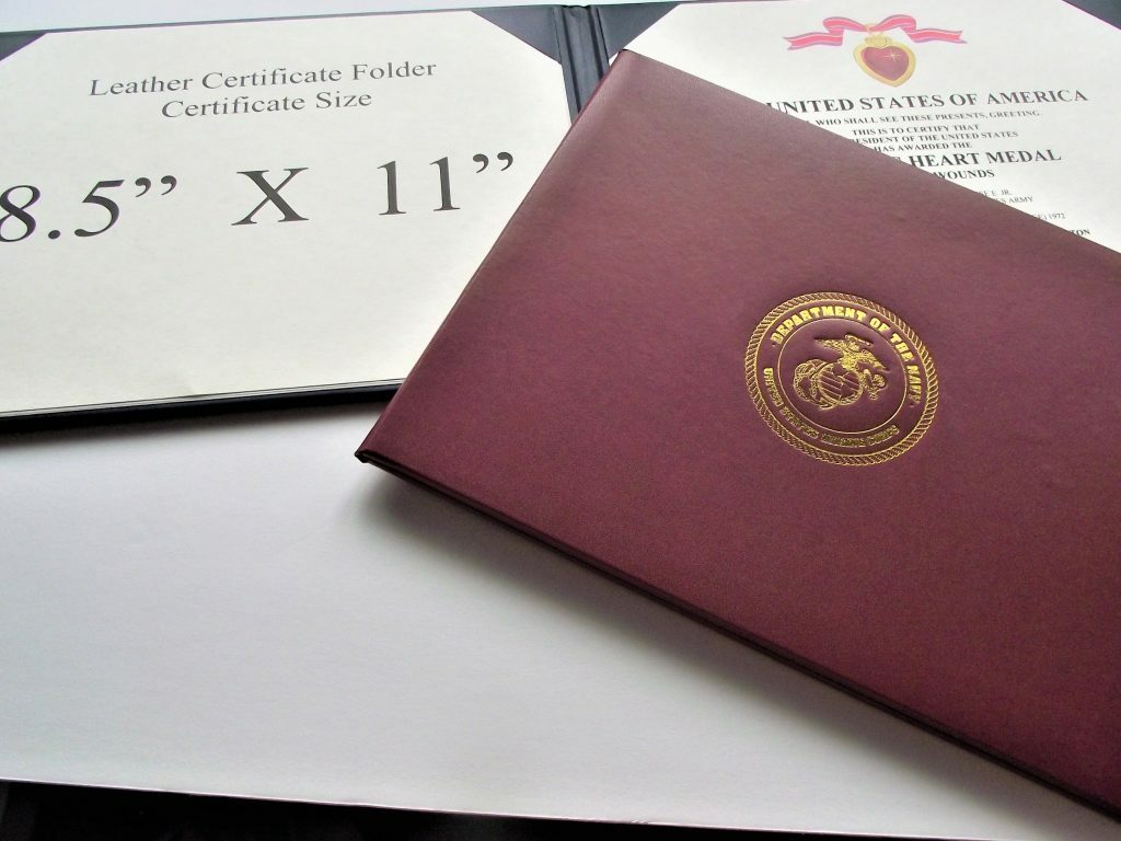 Military Certificate Presentation Folder 2 sides 8.5X11 certificate USMC or Navy