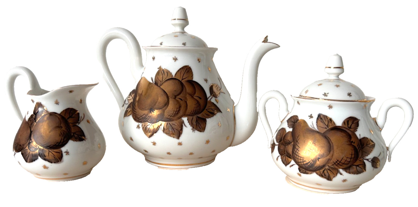 Vintage Limoges France Tea Set Gold Pear Star Teapot Sugar Creamer 3pc As Is