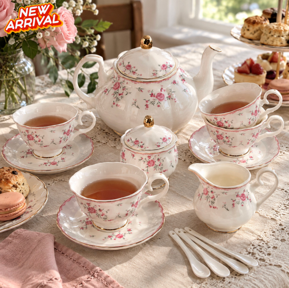 English Porcelain Tea Set Pink Floral Vintage Style China Teapot Gift for Her
