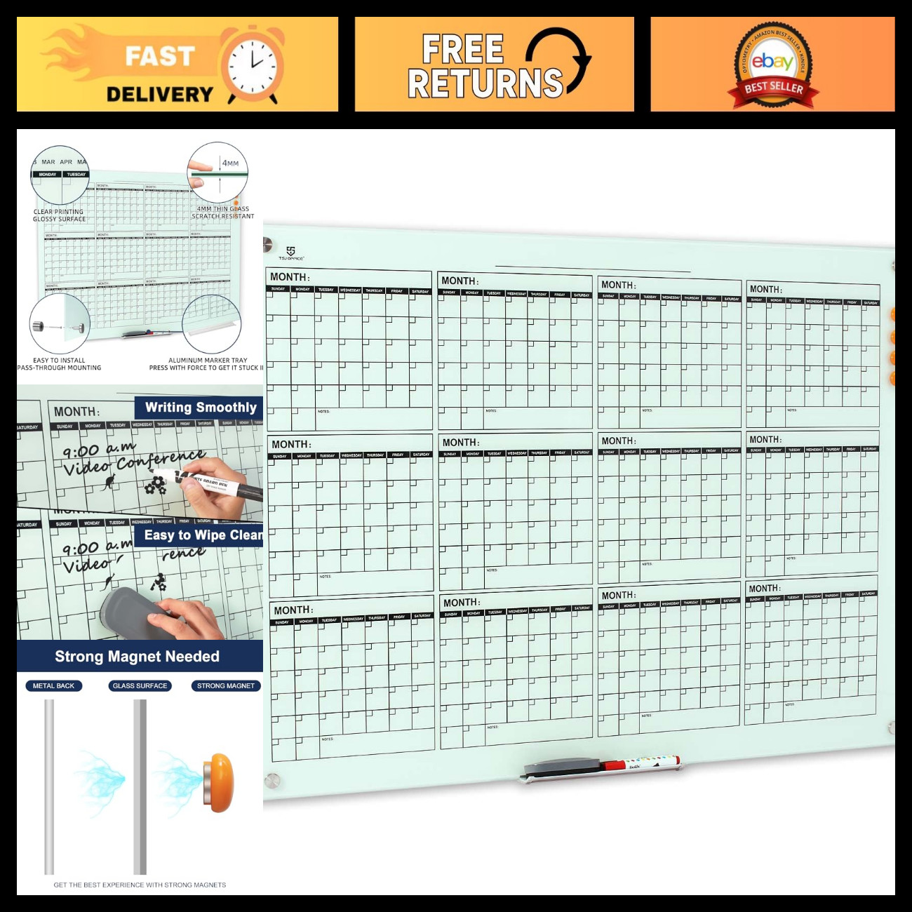 48x36 Glass Calendar Whiteboard - Wall-Mounted Yearly Planner & Organizer