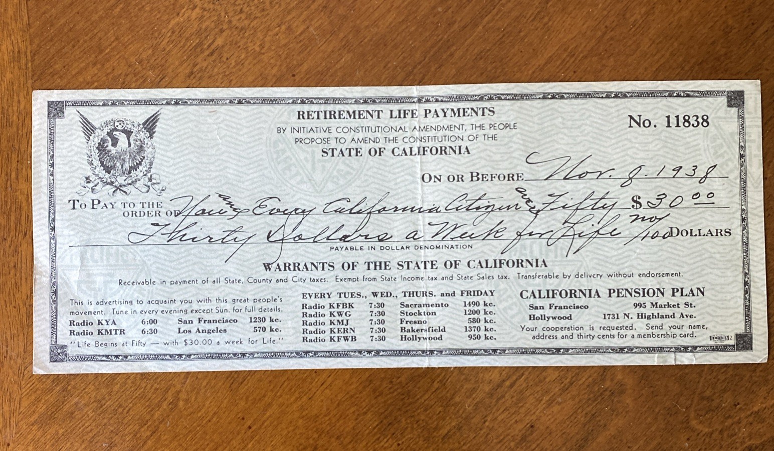 Vintage 1938 California Political Campaign Ham & Eggs Retirement Check